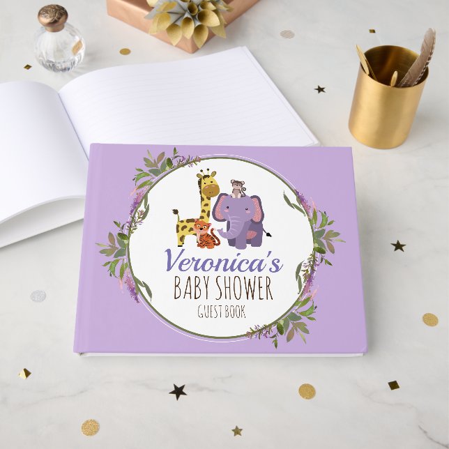 Cute Lavender Jungle Safari Animal Baby Shower Guest Book (Front Open)