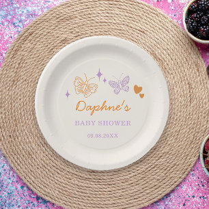 Cute Lavender & Orange Butterfly Baby Shower Paper Plate