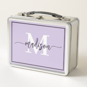 Cute Lavender Pastel Monogram Script Name Metal Lunch Box