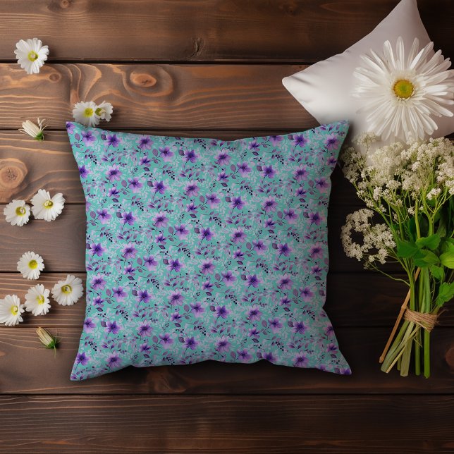 Cute lavender pattern watercolor flower light teal cushion (Creator Uploaded)
