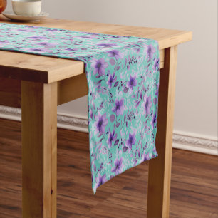 Cute lavender pattern watercolor flower light teal short table runner