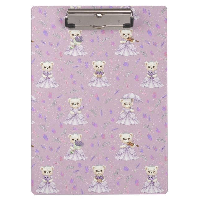 Cute Lavender Princess Bear Pattern Clipboard (Front)