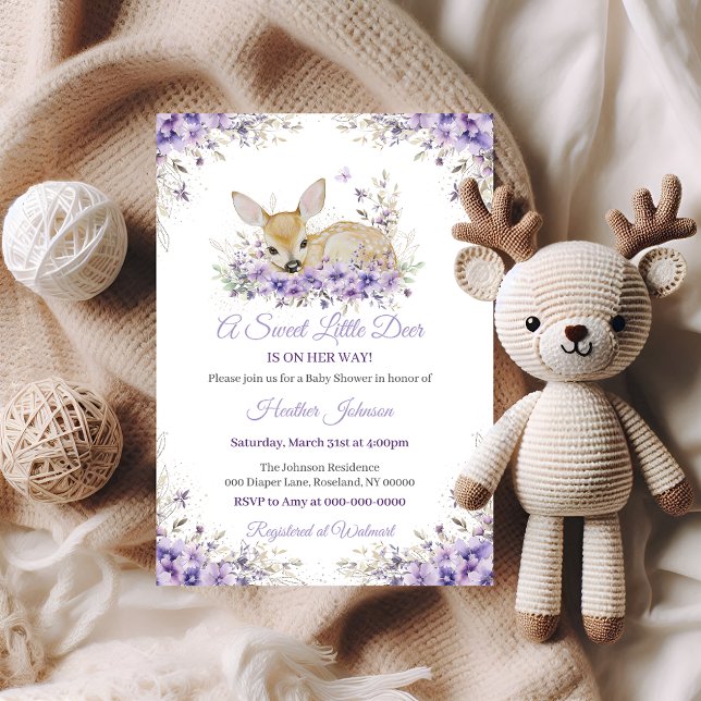 Cute Lavender Purple Floral Deer Baby Shower Invitation (Creator Uploaded)