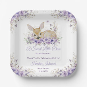 Cute Lavender Purple Floral Deer Baby Shower Paper Plate