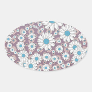 Cute Lavender White Blue Fantasy Daisies Oval Sticker