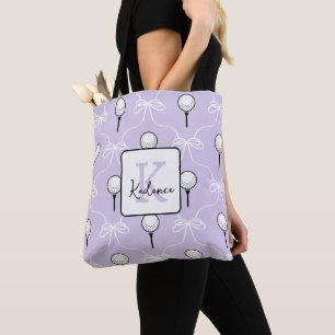 Cute Lavender White Bow Golf Pattern Monogram Tote Bag