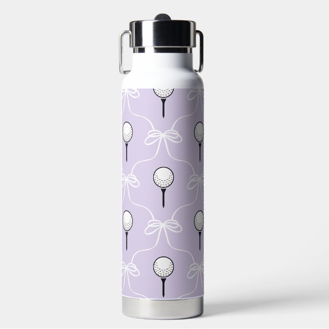 Cute Lavender White Bow Golf Pattern Water Bottle (Front)