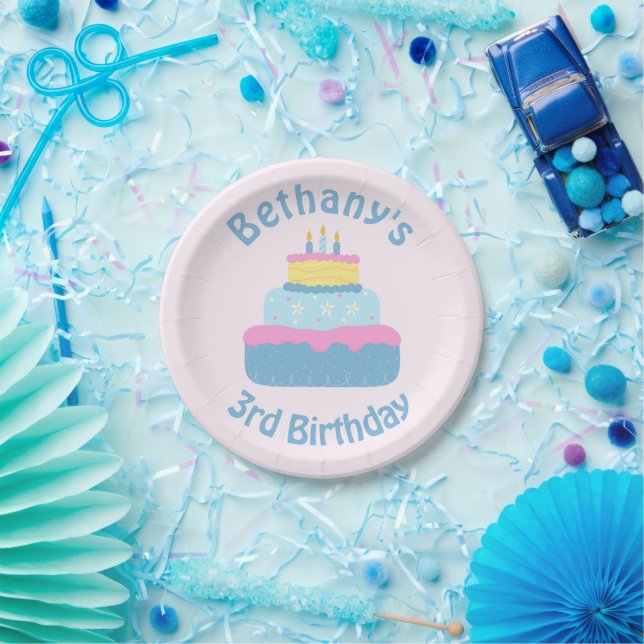 Cute Layered 3 Candles Birthday Cake Custom Paper Plate (Party)