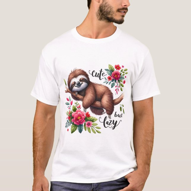 Cute Lazy Sloth Flowers T-Shirt (Front)