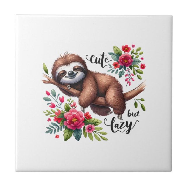 Cute Lazy Sloth Flowers Tile (Front)