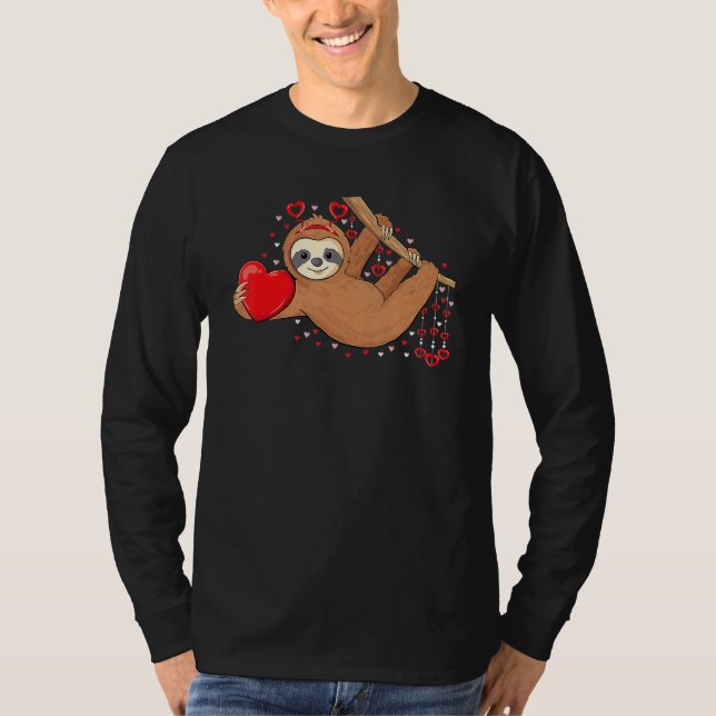 Cute Lazy Sloth Holding Heart Love Sloth Valentine T-Shirt (Front)