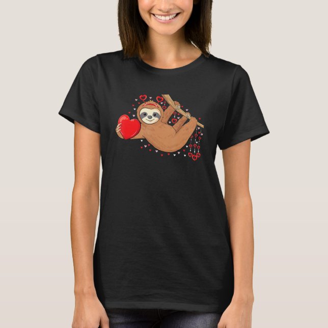 Cute Lazy Sloth Holding Heart Love Sloth Valentine T-Shirt (Front)