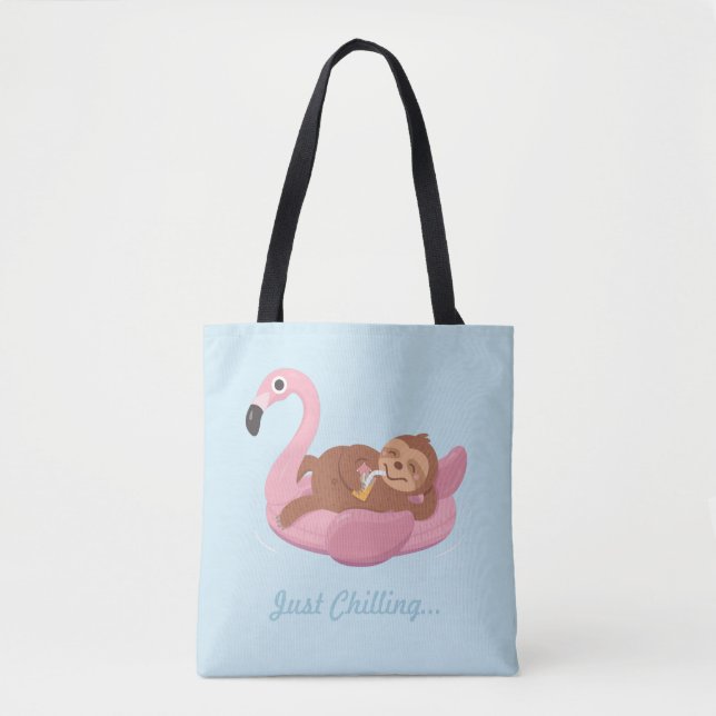 Cute Lazy Sloth On Pink Flamingo Float Summer Tote Bag (Front)