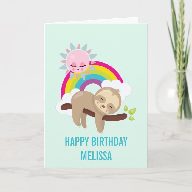 Cute Lazy Sloth with Sun & Rainbow Birthday Card (Front)