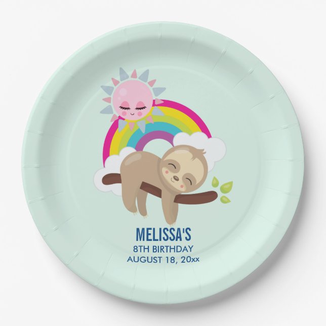 Cute Lazy Sloth with Sun & Rainbow Birthday Paper Plate (Front)