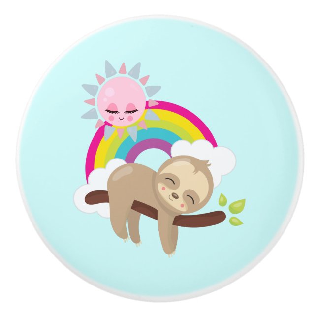 Cute Lazy Sloth with Sun & Rainbow Ceramic Knob (Front)