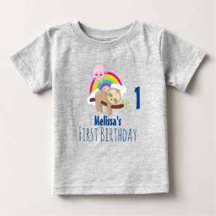 Cute Lazy Sloth with Sun & Rainbow First Birthday Baby T-Shirt
