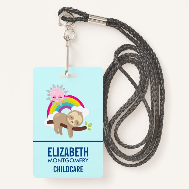 Cute Lazy Sloth with Sun & Rainbow ID Badge (Front with Lanyard)