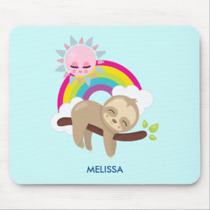 Cute Lazy Sloth with Sun & Rainbow Mouse Pad