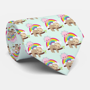 Cute Lazy Sloth with Sun & Rainbow Pattern Tie