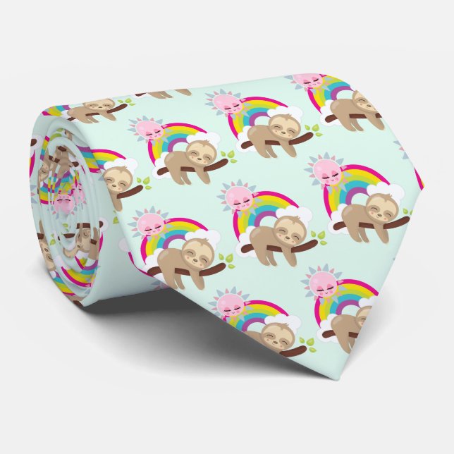 Cute Lazy Sloth with Sun & Rainbow Pattern Tie (Rolled)
