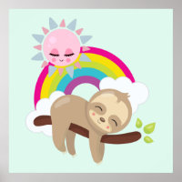 Cute Lazy Sloth with Sun & Rainbow