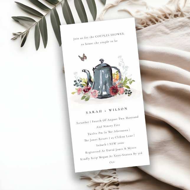 Cute Leaf Rose Floral Teapot Couples Shower Invite (Creator Uploaded)