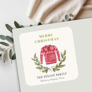 Cute Leafy Red Green Ugly Sweater Christmas Winter Square Sticker