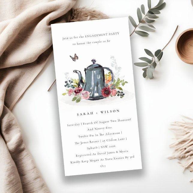 Cute Leafy Rose Floral Teapot Engagement Invite (Creator Uploaded)