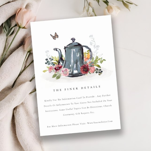 Cute Leafy Rose Floral Teapot Wedding Details Enclosure Card (Creator Uploaded)