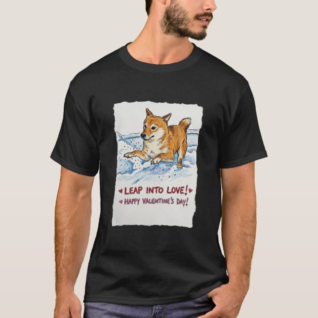 Cute "Leap Into Love" Shiba Inu Valentine's Day   T-Shirt (Front)