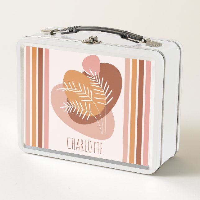 Cute Leaves and stripes pattern boho colour palett Metal Lunch Box (Front)