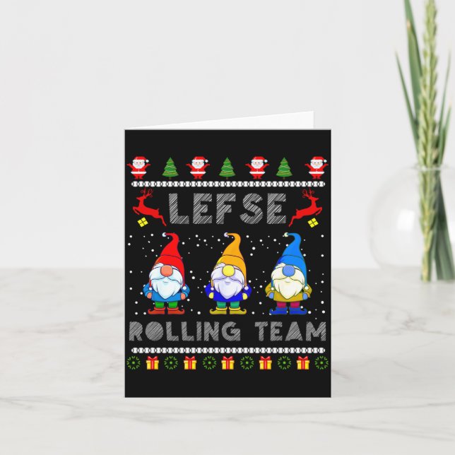 Cute Lefse Rolling Team Norwegian Gnomes Ugly Xmas Card (Front)