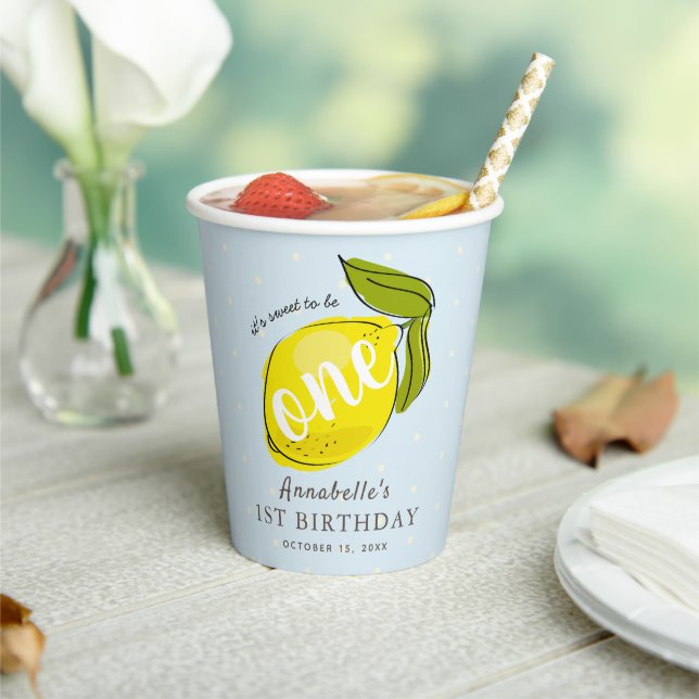 Cute Lemon 1st Birthday Blue Paper Cups (Insitu)