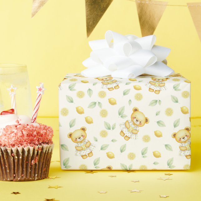 Cute Lemon Bear and Lemonade Seamless Pattern Wrapping Paper (Birthday Party)