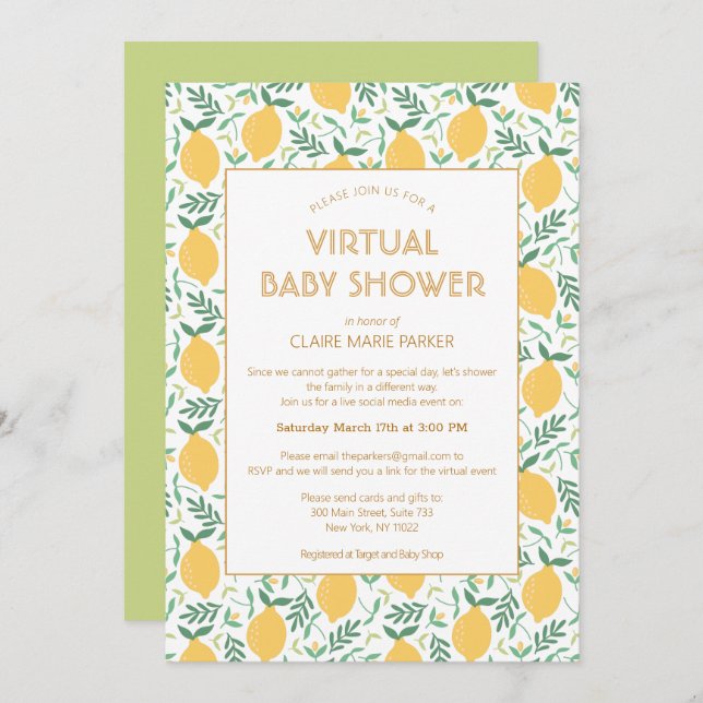 Cute Lemon Citrus Foliage Virtual Baby Shower  Invitation (Front/Back)