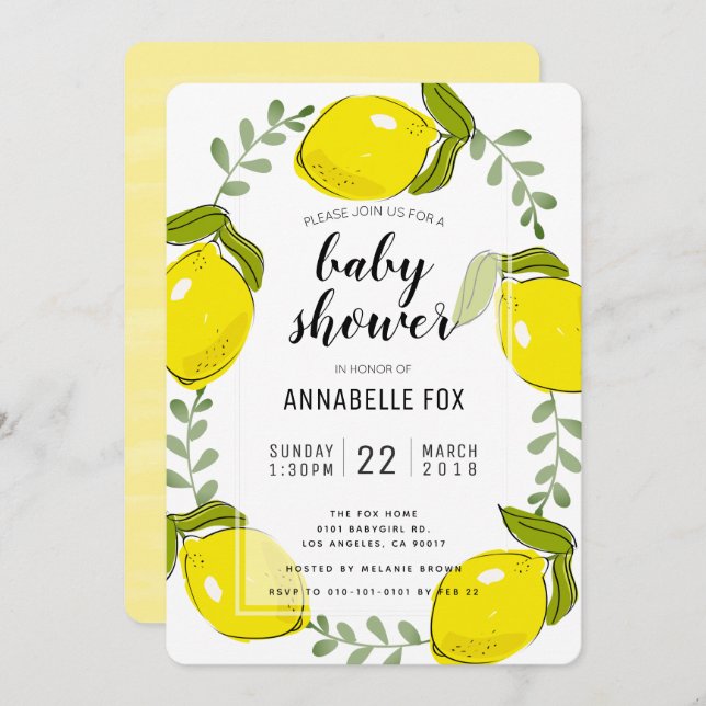 Cute Lemon Citrus White Baby Shower Invitation (Front/Back)