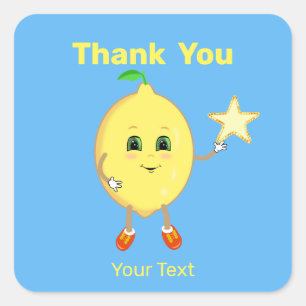 Cute Lemon & Custom Star on Light Blue Thank You Square Sticker
