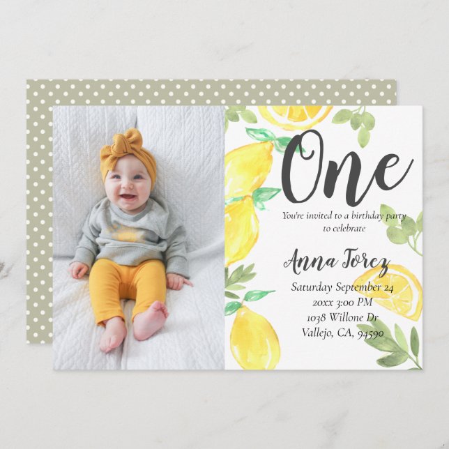 Cute lemon first birthday lemon photo invite (Front/Back)
