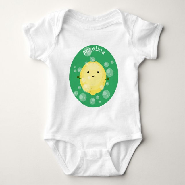 Cute lemon fruit cartoon bubbles illustration baby bodysuit (Front)