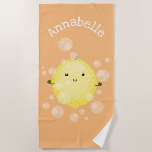 Cute lemon fruit cartoon bubbles illustration beach towel