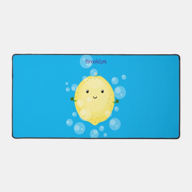 Cute lemon fruit cartoon bubbles illustration desk mat (Front)