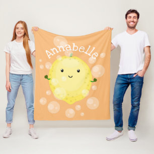 Cute lemon fruit cartoon bubbles illustration fleece blanket