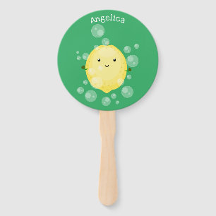 Cute lemon fruit cartoon bubbles illustration hand fan