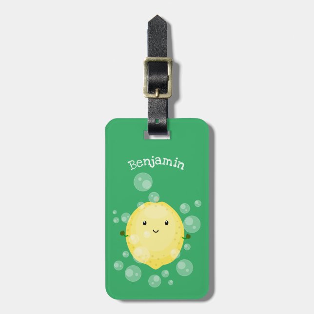 Cute lemon fruit cartoon bubbles illustration luggage tag (Front Vertical)