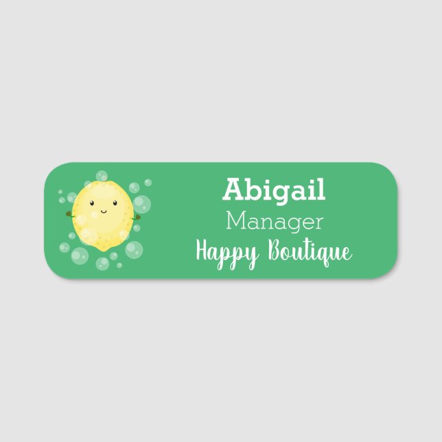 Cute lemon fruit cartoon bubbles illustration  name tag (Front)