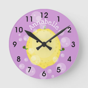 Cute lemon fruit cartoon bubbles illustration round clock