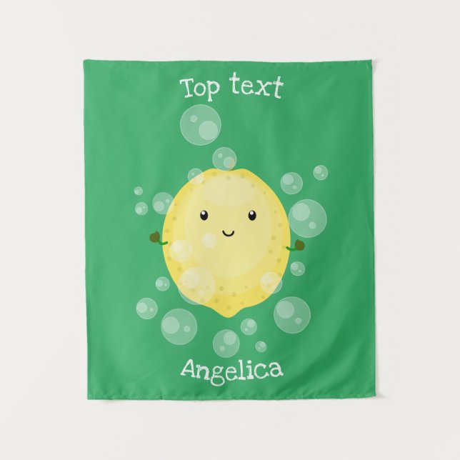 Cute lemon fruit cartoon bubbles illustration  tapestry (Front)