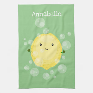 Cute lemon fruit cartoon bubbles illustration tea towel