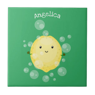 Cute lemon fruit cartoon bubbles illustration tile
